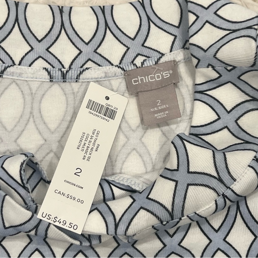 NEW Chico’s Pima Cotton Geo Twist Tee Top Large White Blue Convertible Blouse - Picture 7 of 10